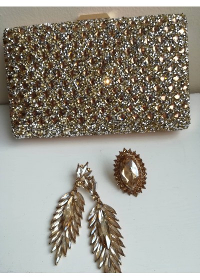 Кристална дамска чанта в златно комплект с обици и пръстен модел Crystal Gold Rose